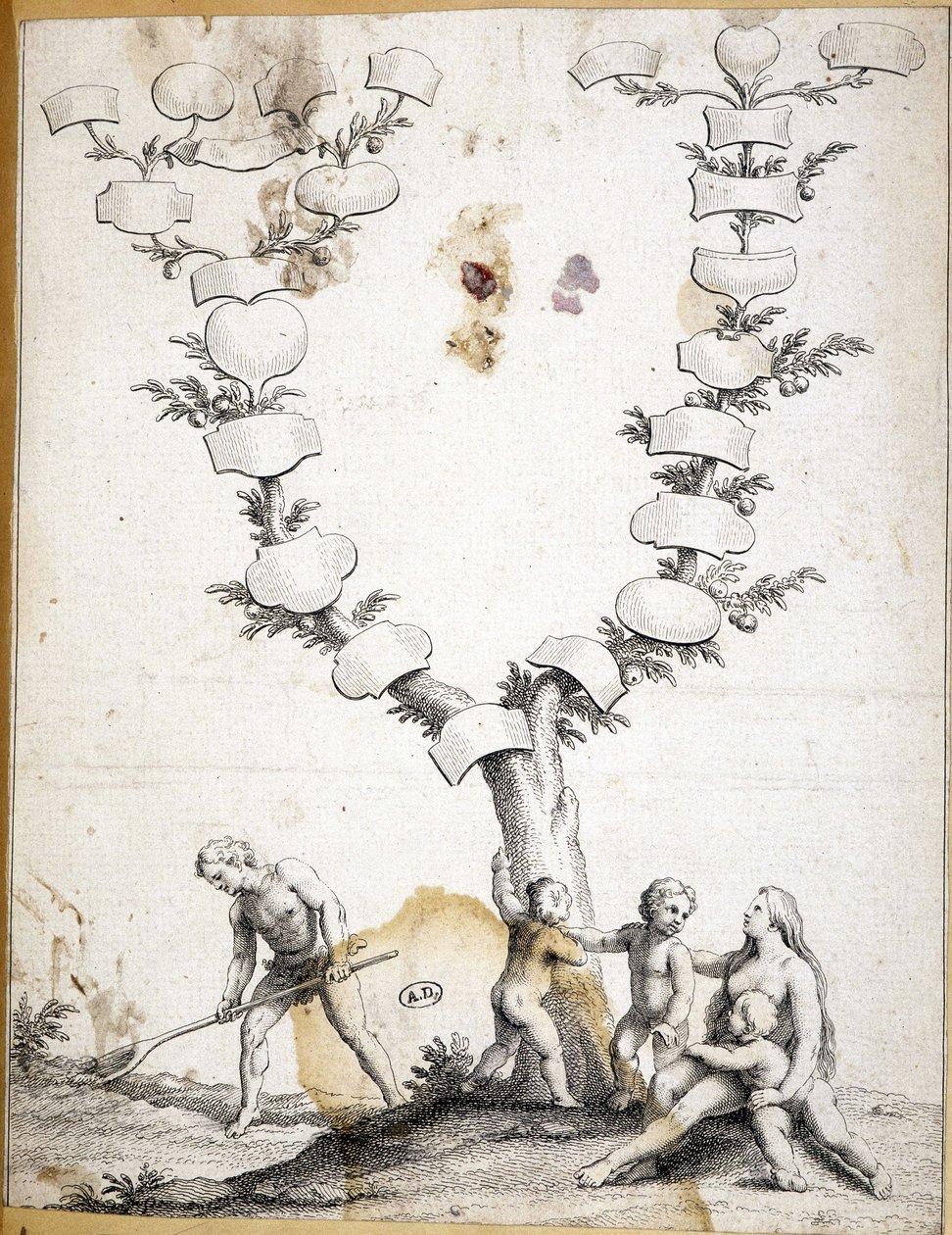 Par med børn ved foden af et jomfruligt stamtræ - gravering af Unknown artist
