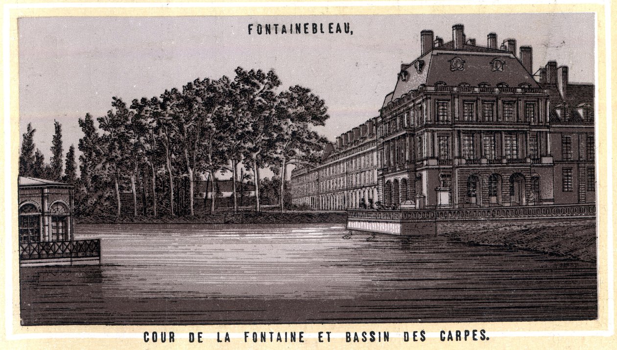 Retten for springvandet og Bassin des carps i Fontainebleau (Seine og Marne, Ile-de-France-regionen, Frankrig). Kromolitografi i slutningen af ​​det 19. århundrede. af Unknown artist