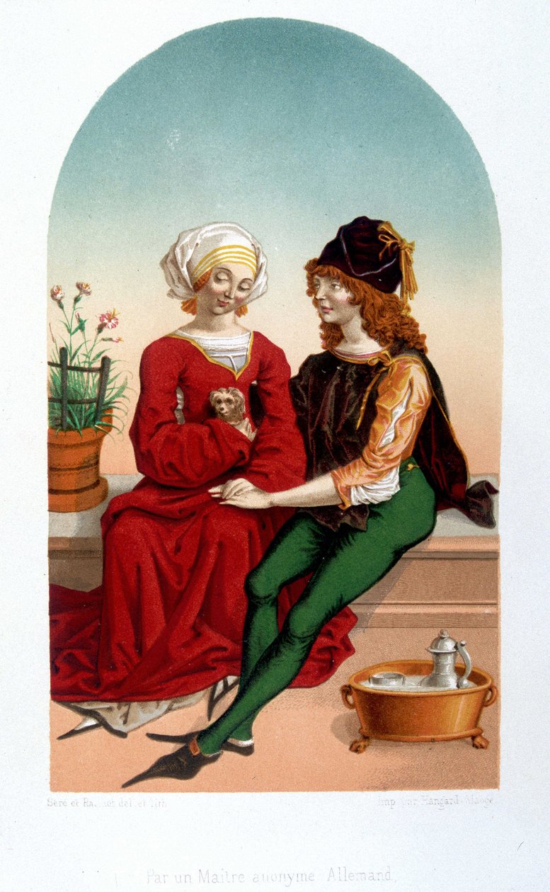 Høflig kærlighedsscene i middelalderen. College - 1800-tallets efterligning. af Unknown artist