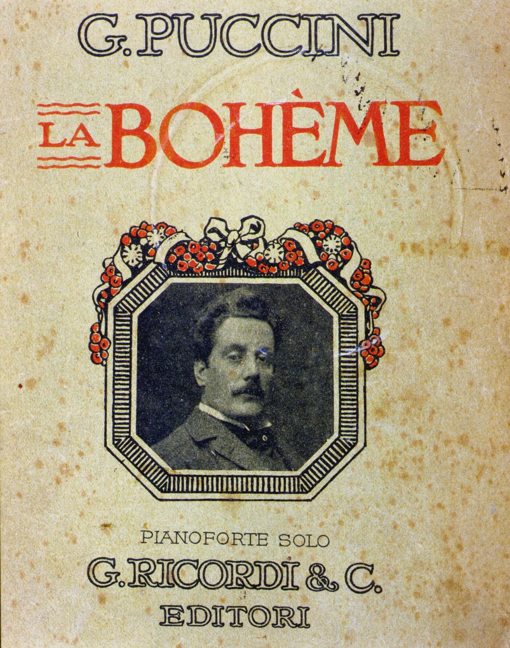 Omslag til partituret "" La Bohème"" af Puccini (1858-1924) med hans portræt. af Unknown artist
