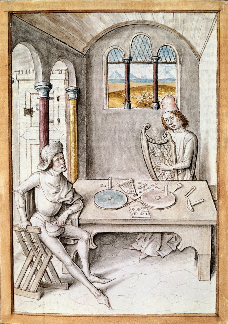 Håndværk: harpefaktor. Et instrumentfremstillingsværksted. Miniature fra et manuskript af "The Fables of Bidpai" af Unknown artist