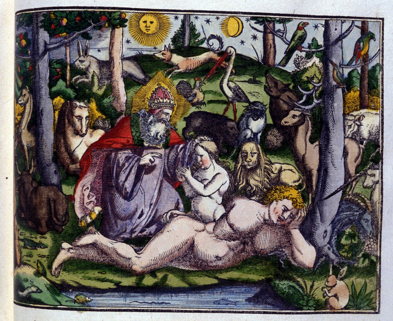 Skabelsen: Gud repræsenteret omgivet af mennesker og dyr (hund, trane, løve, hjorte, bæver, abe, enhjørning, vildsvin, papegøjer, kanin...), ifølge Historiae animalium af Konrad Gesner, Tiguri af Unknown artist