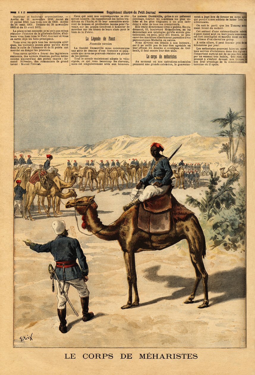 Oprettelse af et særligt korps af meharister til den franske erobring af Sudan for at kæmpe mod tuaregerne. Meharis, kan blive en uge uden at spise, gå på trav med en galopperende hests hastighed, kan rejse mere end 100 kilometer om dagen, og de er af Unknown artist