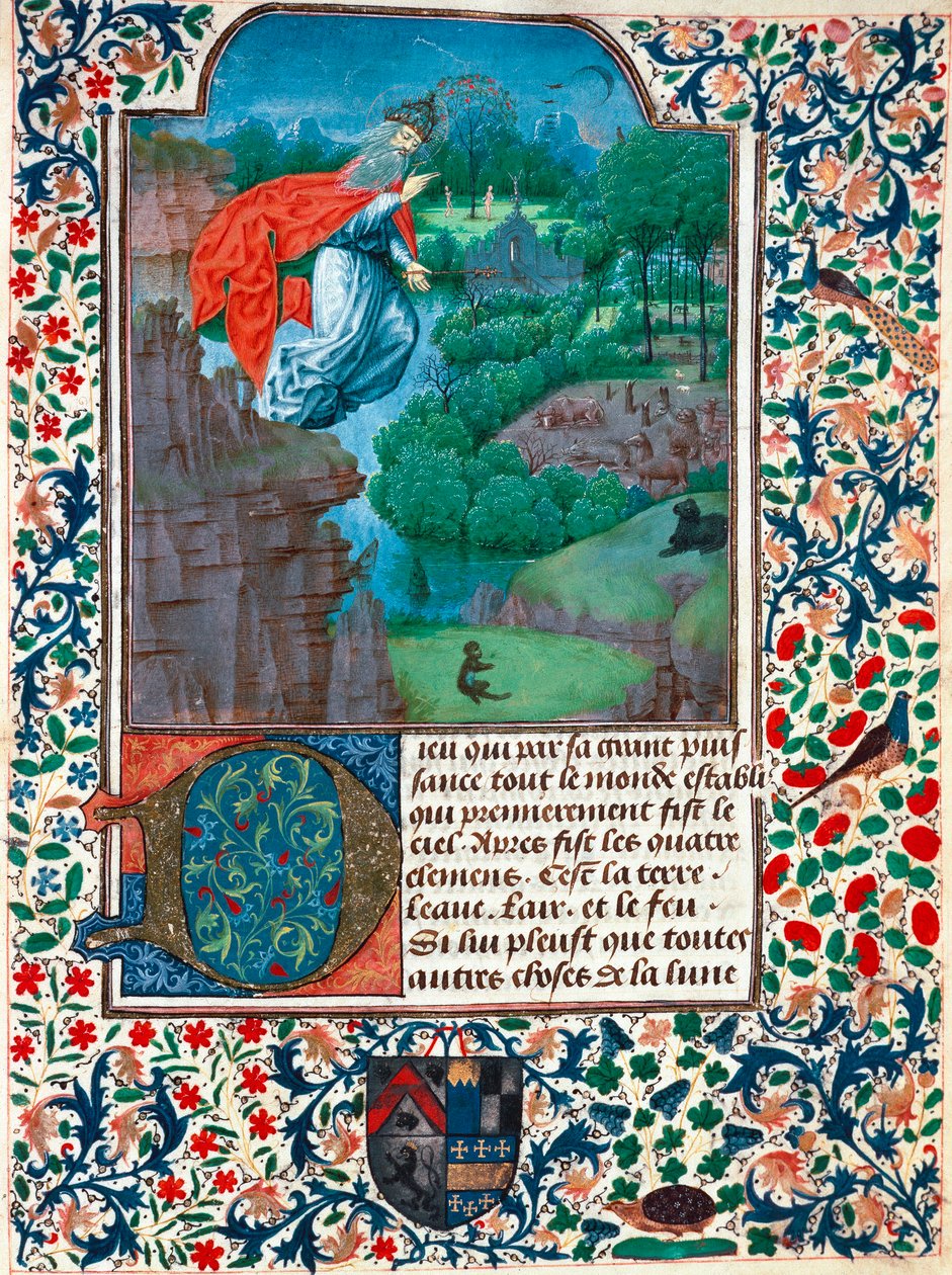 Skabelsen, den syvende dag: Skaberen flyver over sit værk. Landskab med dyr. Miniature fra grevinden af Bretiandos