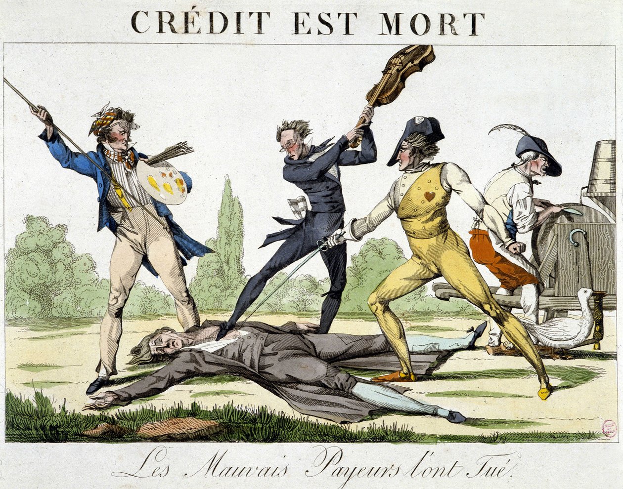 Kredit døde: dårlige betalere dræbte den - karikatur omkring 1820 af Unknown artist