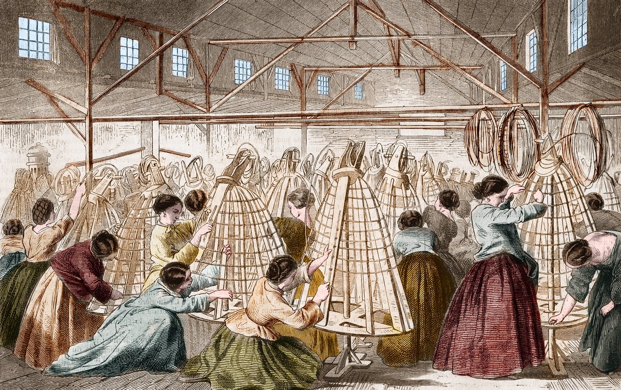 Crinoline fabrikker: lægning af bøjler. 1865 gravering. af Unknown artist