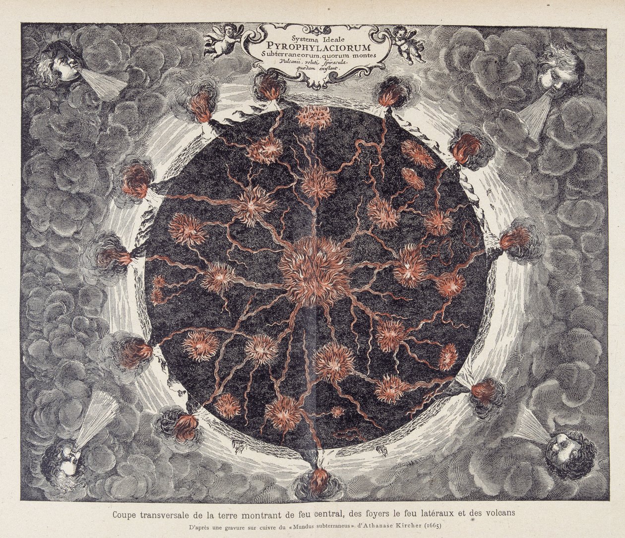 Tværsnit af jorden, der viser central ild, pejse og vulkaner, fra en kobbergravering af Athanase Kirchers "Mundus subterraneus"" (eller Athanasius Kircheri) af Unknown artist