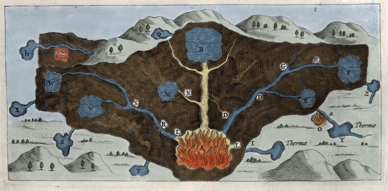 Tværsnit af jordskorpen giver Athanasius Kircher mulighed for at demonstrere oprindelsen af de termiske kilder - 1600-tallet af Unknown artist