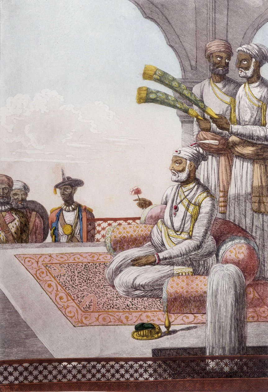 Kultur, civilisation og indiske samfund: Portræt af en Radjah (Rajah) suveræn af Brahman, Indien. Stik fra 1808. af Unknown artist