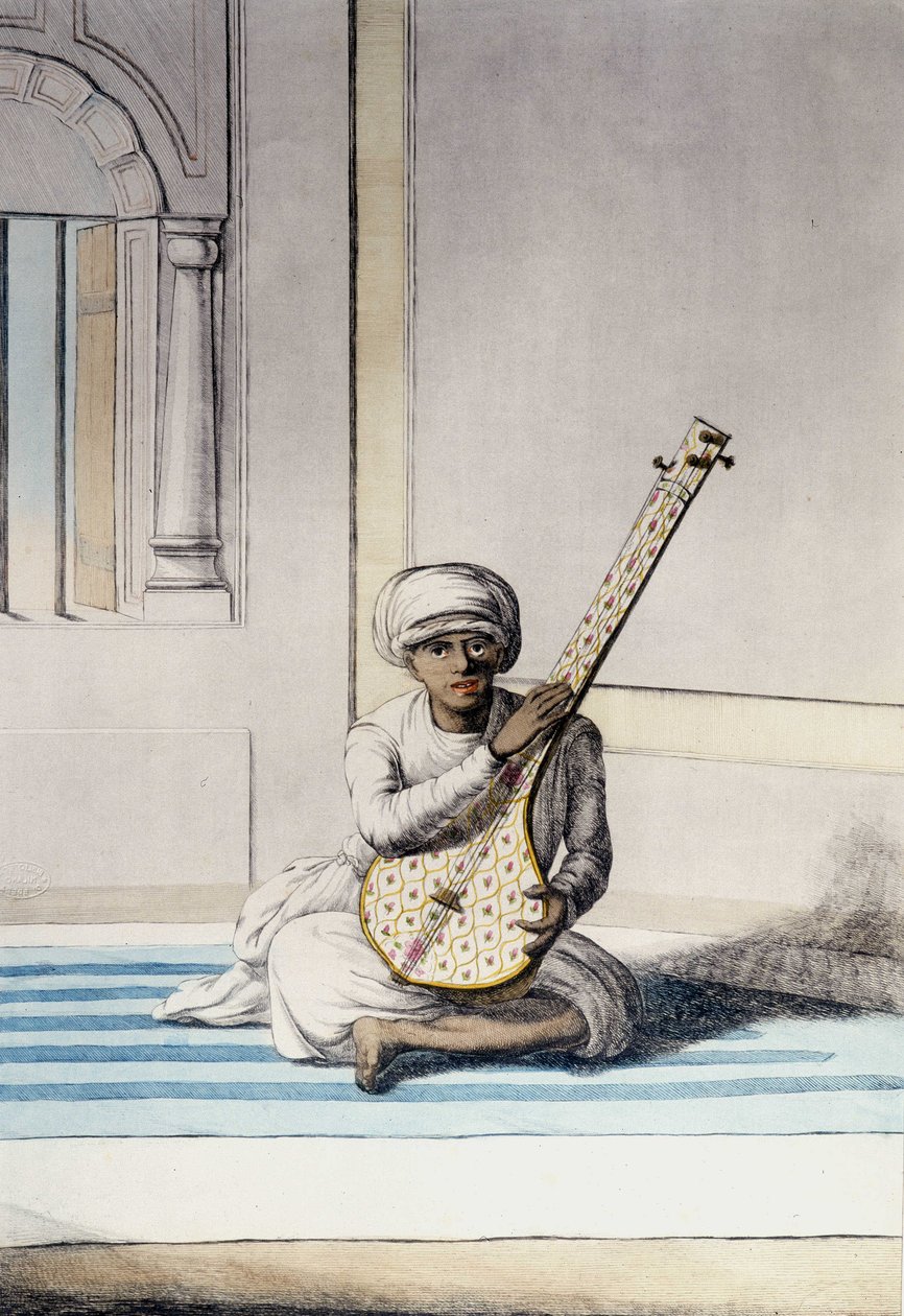 Kultur, civilisation og det indiske samfund: Musiker, der spiller Thambourah (Tamboura), Indiens traditionelle instrument. Stik 1808. af Unknown artist