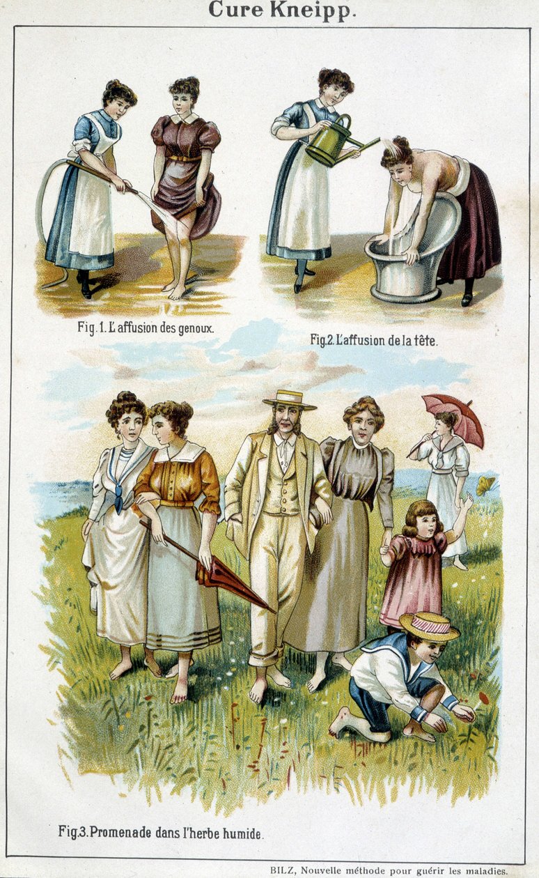 Cure Kneipp: affusion af knæ, affusion af hovedet, gåtur i det våde græs - i "Bilz, Natural Medication"", slutningen af det 19. århundrede af Unknown artist