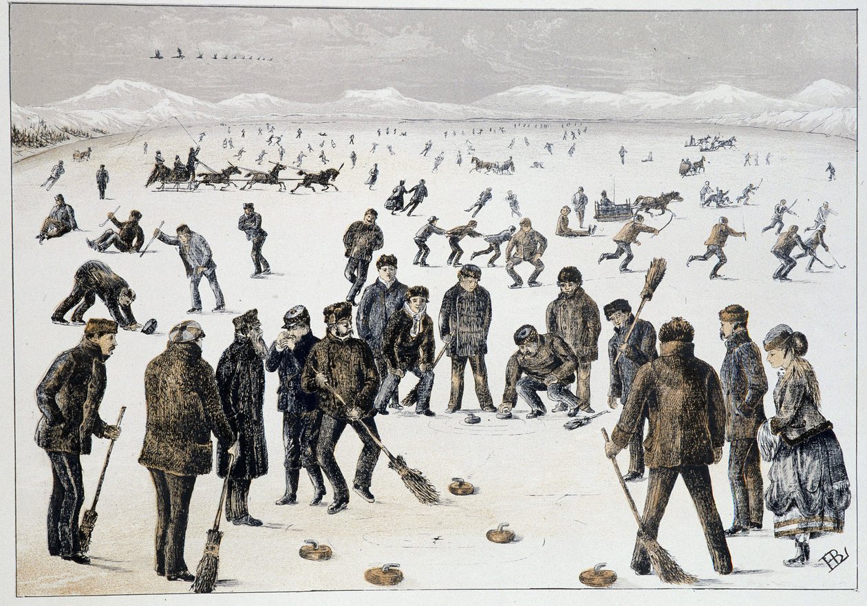 Curling på en frossen sø nær Halifax, Nova Scotia - i "" Skitser af canadisk sport og tidsfordriv"" af Lieut. Henry Buckton Laurence af Unknown artist