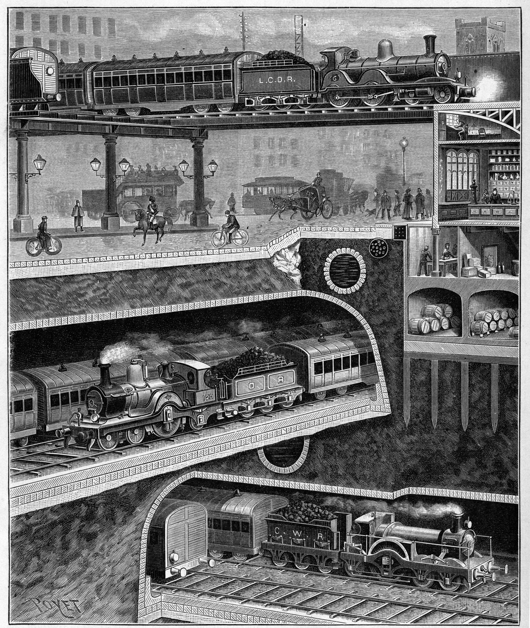 Skær en gade fra London til England i 1898. Indgravering fra 1898. i "" La Nature. Gennemgang af videnskaber og deres anvendelser til kunst og industri." af Unknown artist