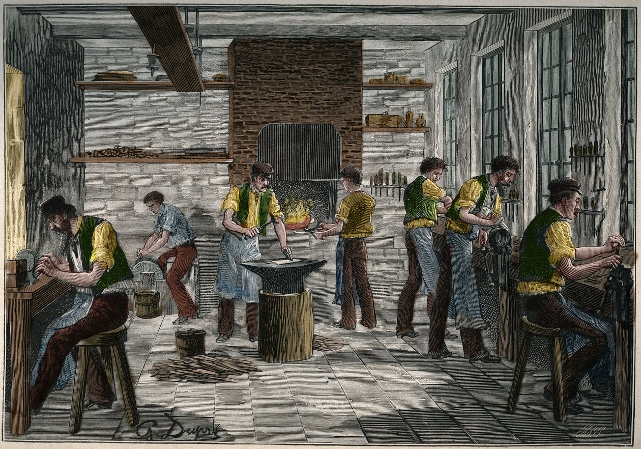Bestikværksted i Frankrig i 1800-tallet. Indgravering fra 1885 i "" Les arts et metiers illustres"" af Adolphe BITARD. af Unknown artist
