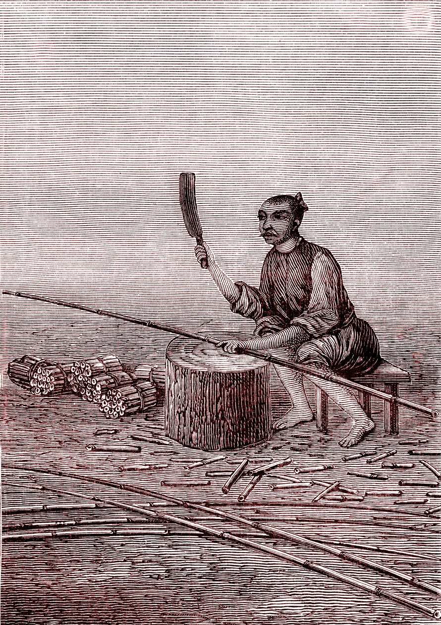 Skæring af de små stykker bambus, papirfremstilling i Kina (3. århundrede f.Kr.) (gravering) af Unknown Artist