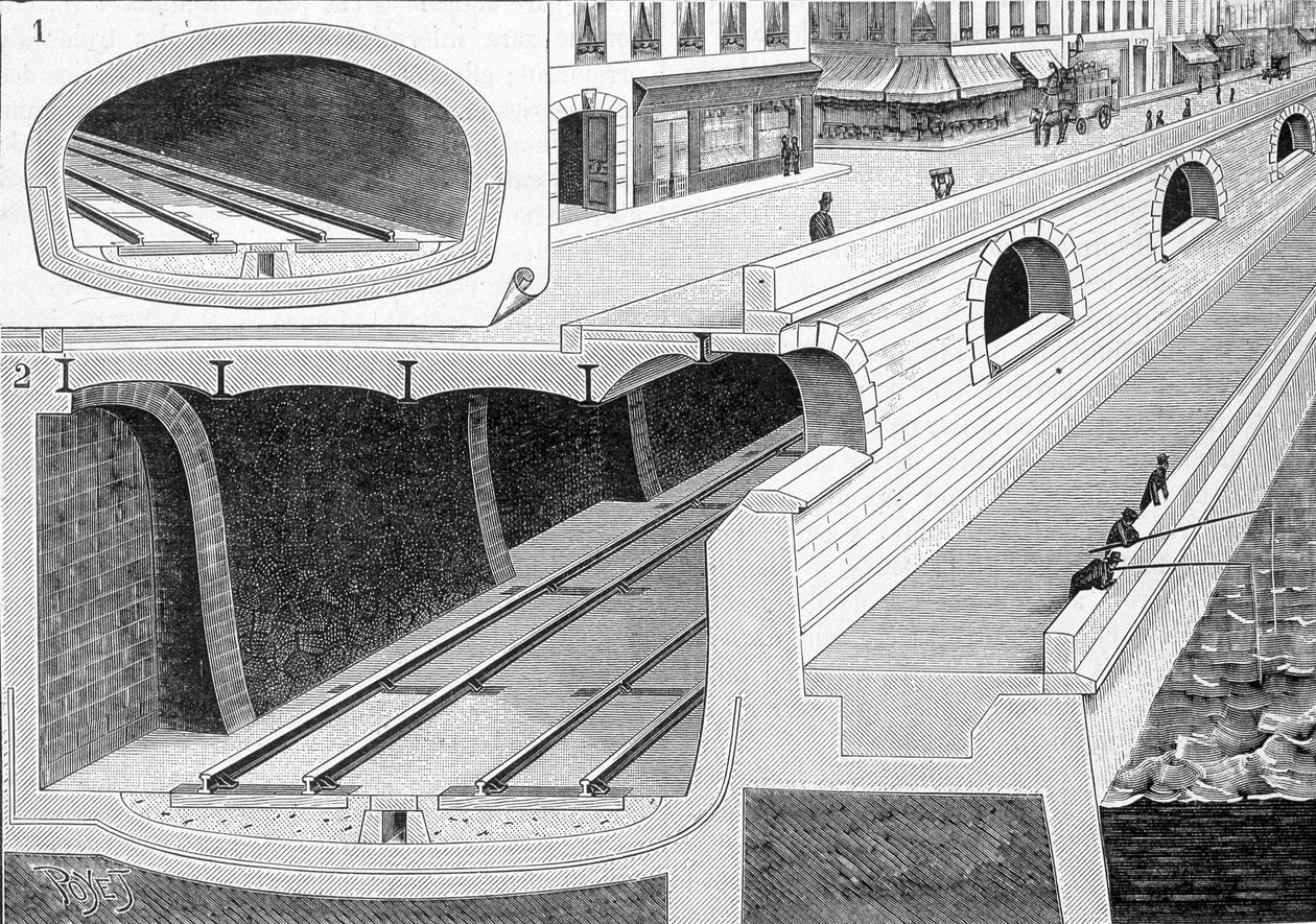 Skæring af sporet i tunneldelene (bringer tog til stationen i Orléans) med jerngulv, der direkte understøtter kørebanen - i "La Nature"" af Unknown artist