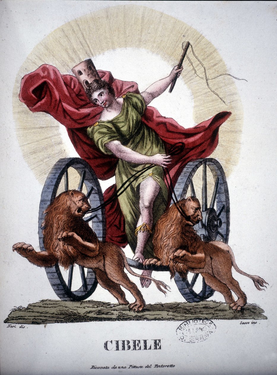 Cybele, guddommelighed, der personificerer naturens reproduktive kraft - i "" Dizionario mitologico"", gravering fra det 19. århundrede efter et maleri af Tintoretto, Bibl. di Brera, Milano. af Unknown artist