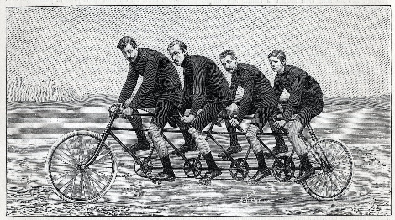 Cyklist på en cykel kaldet "quadruplette gladiator". Indgravering i ""La Nature"" af Unknown artist
