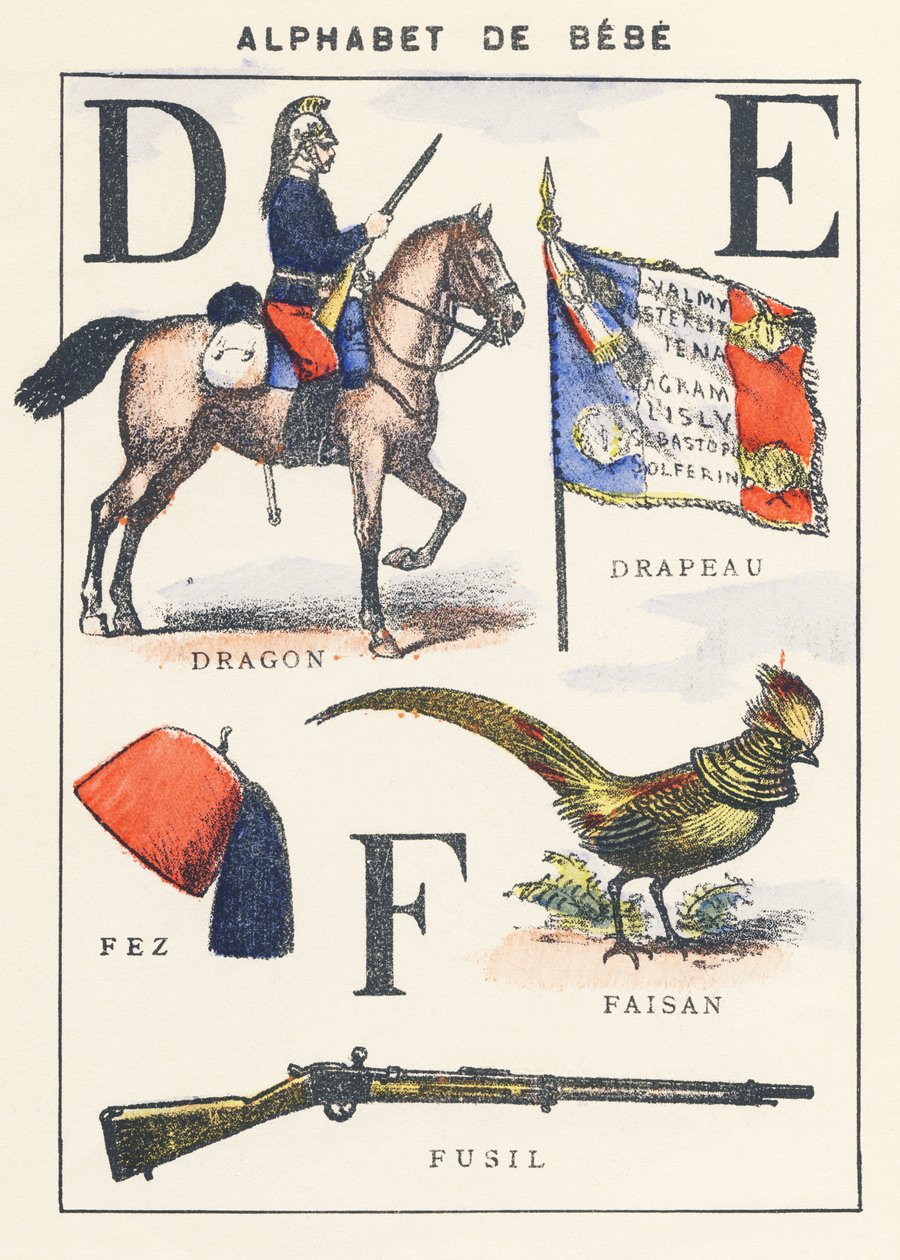 D E F: drage, flag, fasan, fez, riffel af Unknown artist