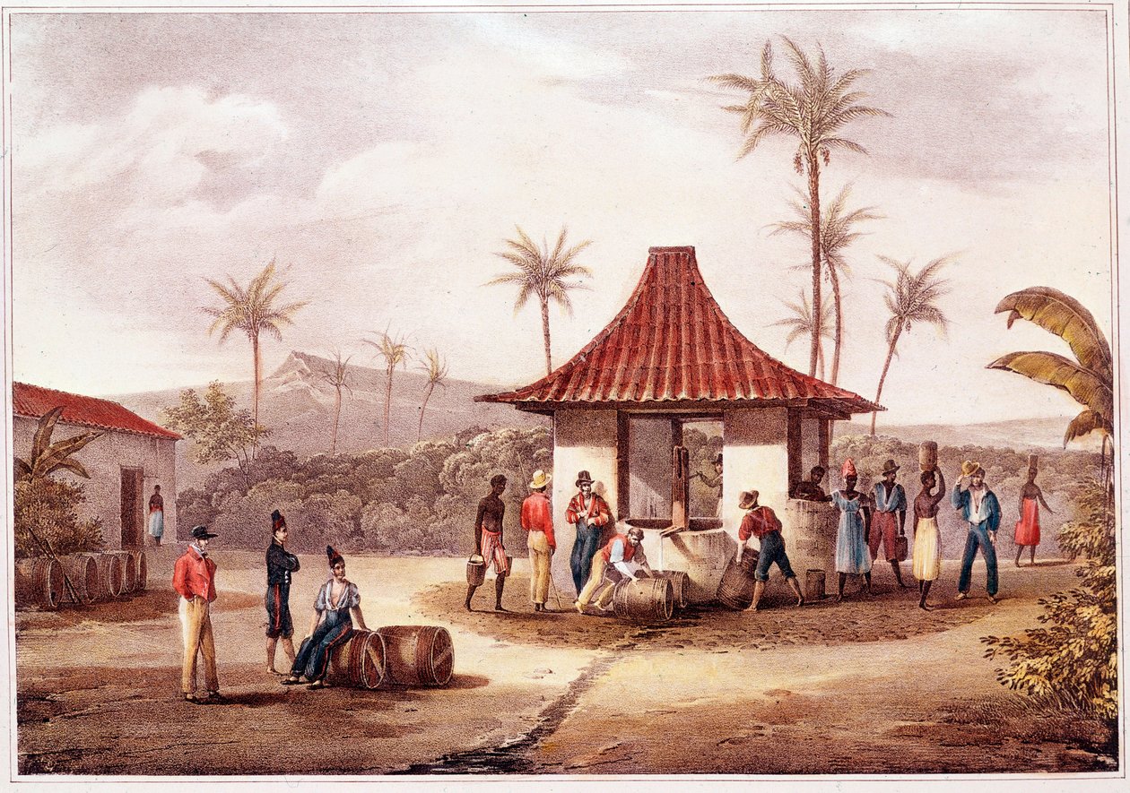 Dagligliv i Kap Verde (Kap Verde) Beboere i en landsby krydser ved springvandet. Litografi af det 19. århundrede. Lissabons historiske arkiv for Outremer af Unknown artist