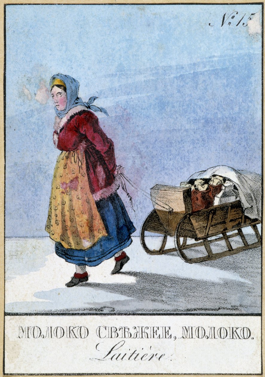 Mejeriskvinde i Rusland, der bærer sine mælkedåser på en slæde, Bibl. des Arts Deco. af Unknown artist
