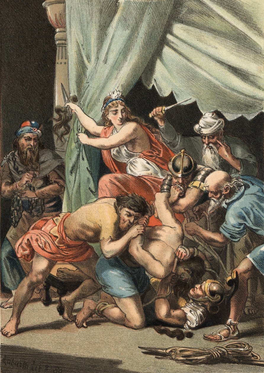 Dalila klipper Samsons hår for at gøre ham sårbar og bogen til filistrene af Unknown artist