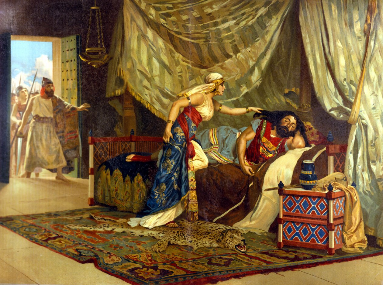 Dalila er ved at klippe Samsons hår for at forbedre hendes styrke. 19. århundrede. af Unknown artist