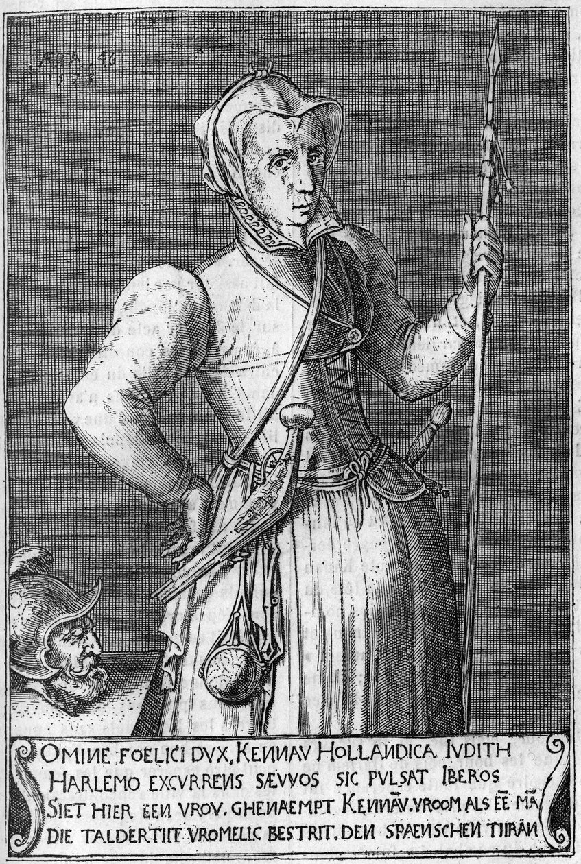 Dame Kenau Simonsdochter Hasselaer (1526-1588), heltinden fra Haarlem (Holland) under kampen mod spanierne i 1572. Indgravering af det 17. århundrede i lighed med Judith af Holoferne. af Unknown artist