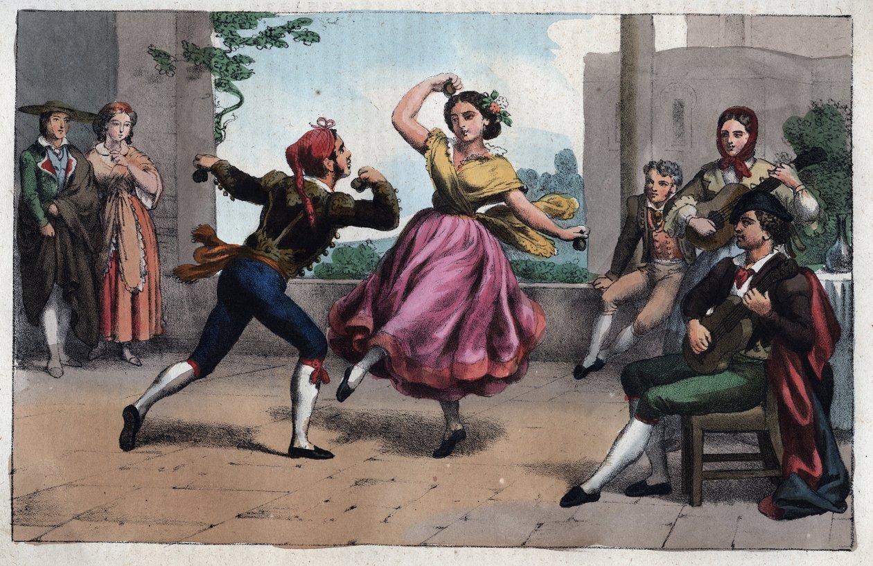 Bolero-dans og dragter i Granada - Bolero-dans og dragter i Granada - indgravering fra "" Anvendelser og dragter for alle mennesker i universet. Det er historien om regeringen, lovene, militsen, om religionen for alle nationer fra de fjerneste af Unknown artist