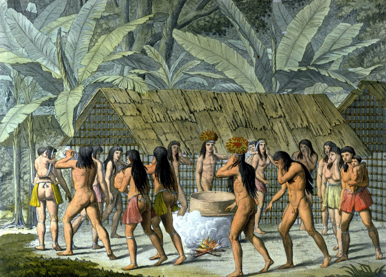 Dans fra Camacans, indianere i Brasilien - i "" Det gamle og moderne kostume"" af Ferrario, red. Milano af Unknown artist