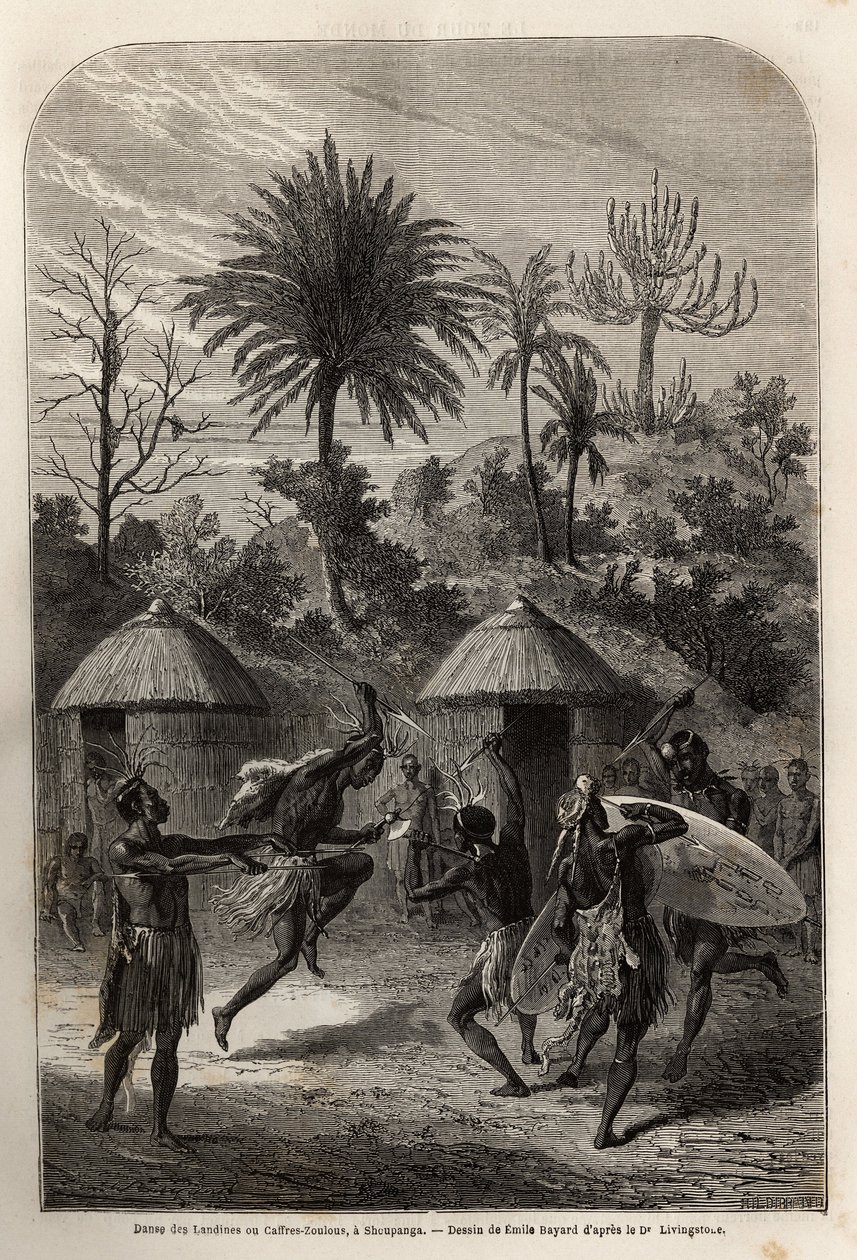 Dance of the Landines eller Zulu caffres i Shoupanga (højre bred af Zambeze-floden). Indgravering til illustration af Dr. Livingstones første rejser til det sydlige Afrika fra 1840 til 1856 i "Le tour du monde, nouveau journal des voyages"" udgivet under d af Unknown artist