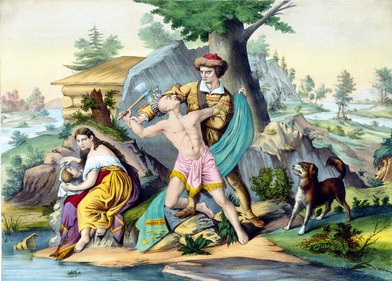 Daniel Boone beskytter sin familie: Daniel Bonne, amerikansk pioner (1734 - 1820) dræber en indianer, der angriber hans familie med en økse. Gravering 1800-tallet. af Unknown artist