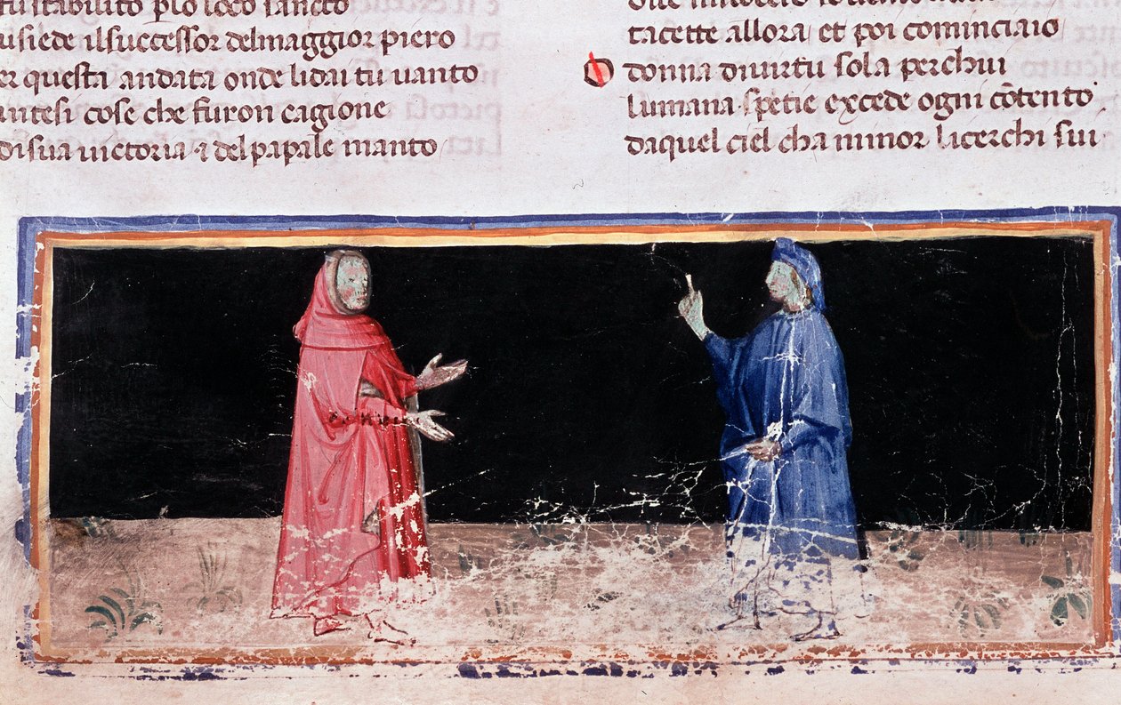 Dante (i blåt) og Virgil (sang 3 af Helvede, i den guddommelige komedie) (miniature af Unknown artist