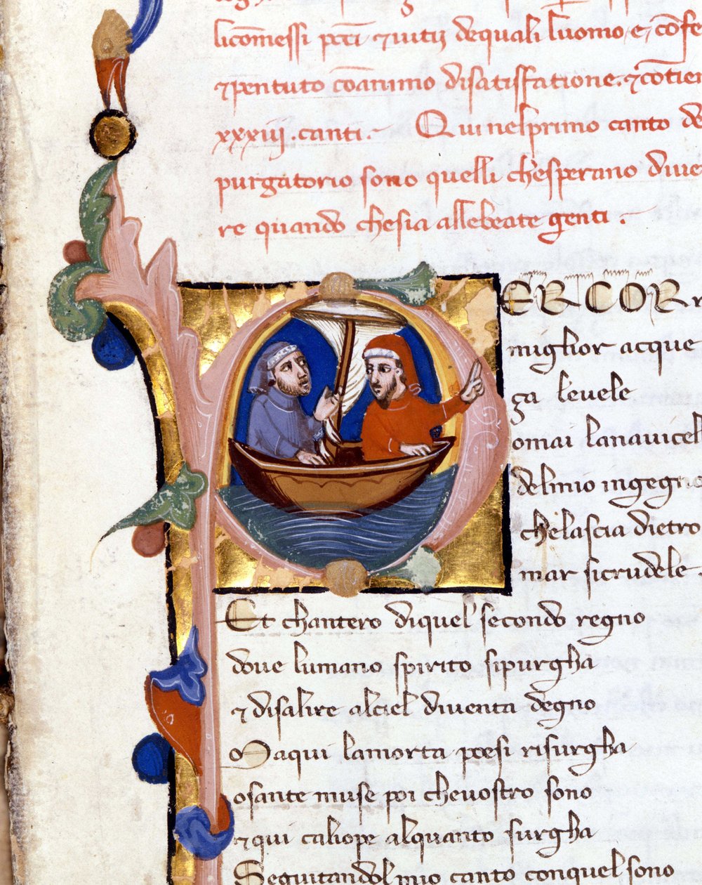 Dante Alighieri: Guddommelig komedie (guddommelig komedie) begyndelse af skærsilden. Dante og Virgil. manuskript fra det 14. århundrede. Milano bibl. Trivulziana af Unknown artist