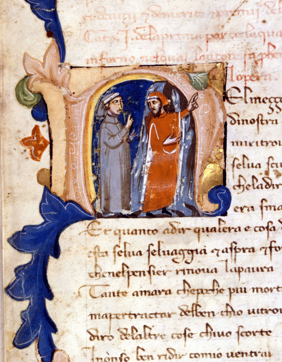 Dante og Virgil ved indgangen til Helvede. (lettrine "" N "") Begyndelsen af ​​helvede af en Divina Commedia (guddommelig komedie) fra det 14. århundrede i Milano, Trivulziansk bibliotek. (Midt på vores livs rejse ...) af Unknown artist