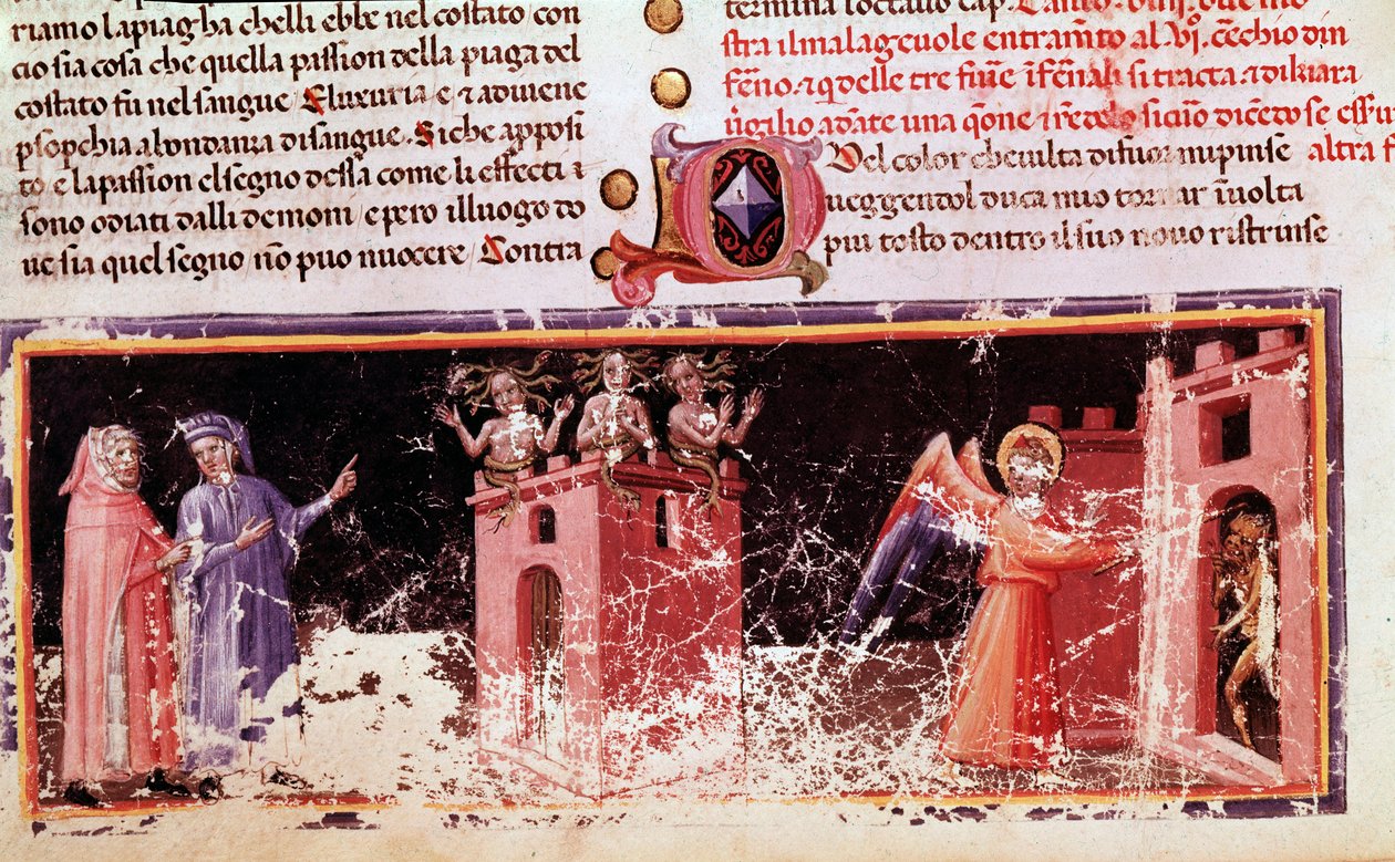 Dante og Virgil ved porten til Dite styret af furies (sang 9 fra Helvede, i den guddommelige komedie) - miniature af Unknown artist