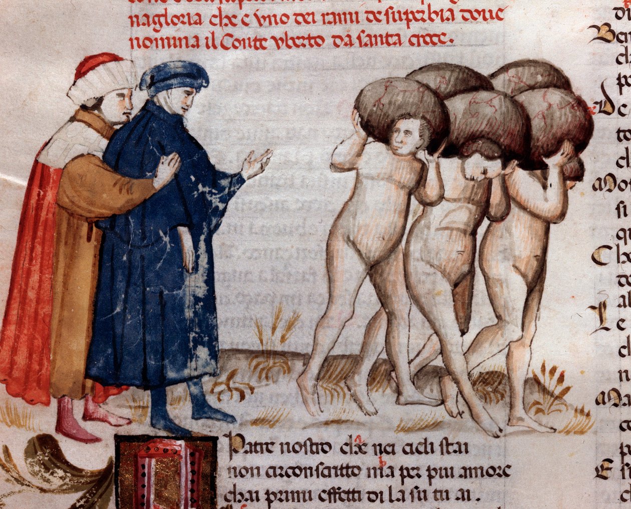 Dante og Virgil ser på greve og Umberto Aldobrandeschi Oderisi da Gubbio (sang 11 fra skærsilden, i den guddommelige komedie) - miniature 15. århundrede af Unknown artist