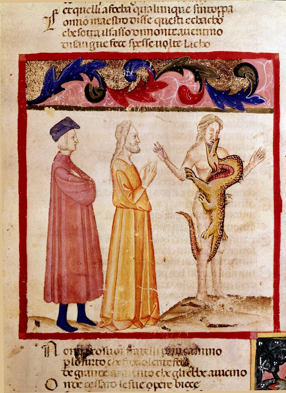 Dante og Virgil møder en synders sjæl, der er dømt til at blive fortæret af en drage. Oplyst side, der illustrerer en helvedesang, stammer fra "Divina Commedia" af Dante Alighieri (1265-1321). 1300-tallet, Venedig, Biblioteca Marciana af Unknown artist