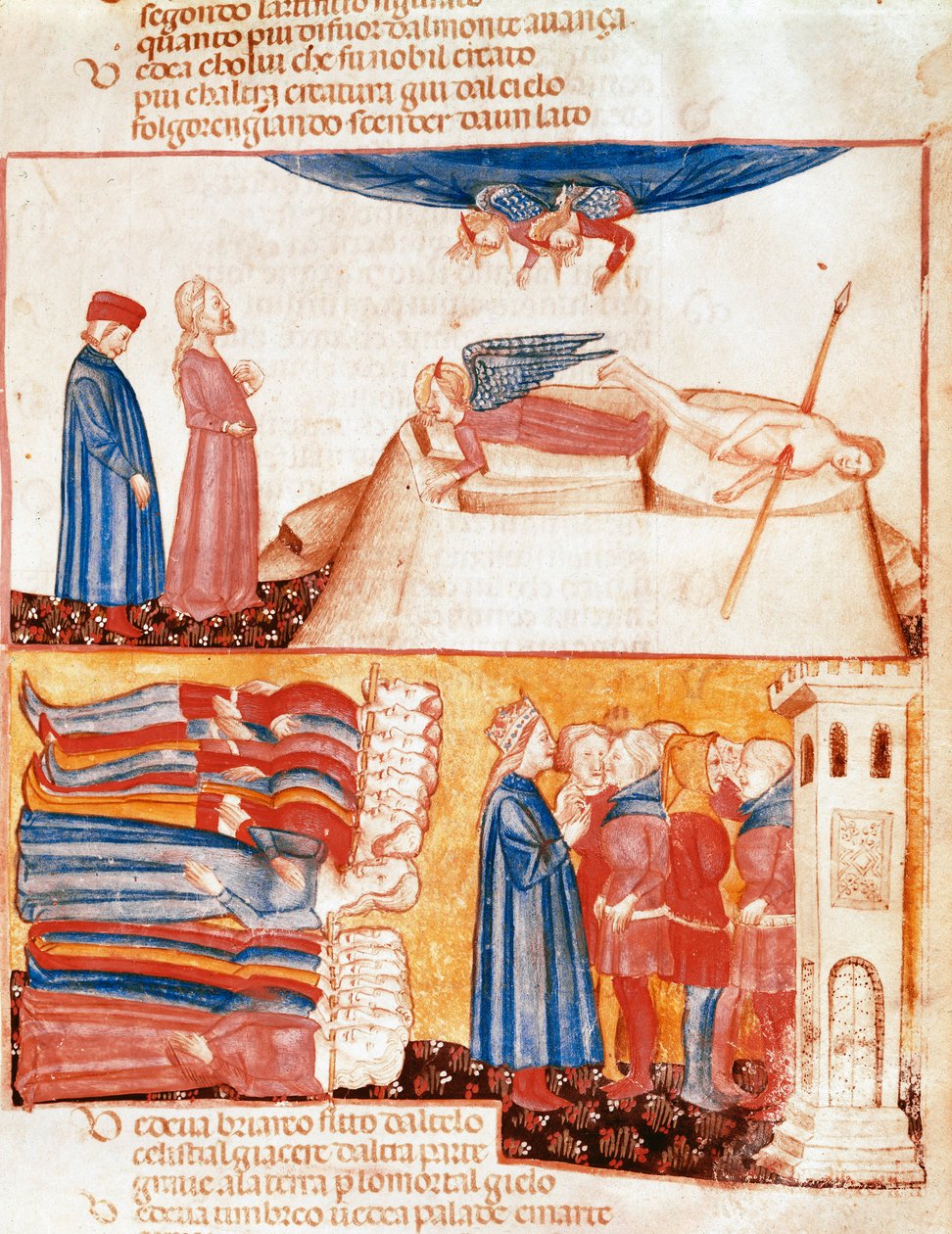 Dante og Virgil møder sjæle fra voldeligt døde mennesker. Oplyst side, der illustrerer en sang fra Skærsildsilden fra "Divina Commedia"" af Dante Alighieri (1265-1321). 14. århundrede, Venedig, Biblioteca Marciana af Unknown artist