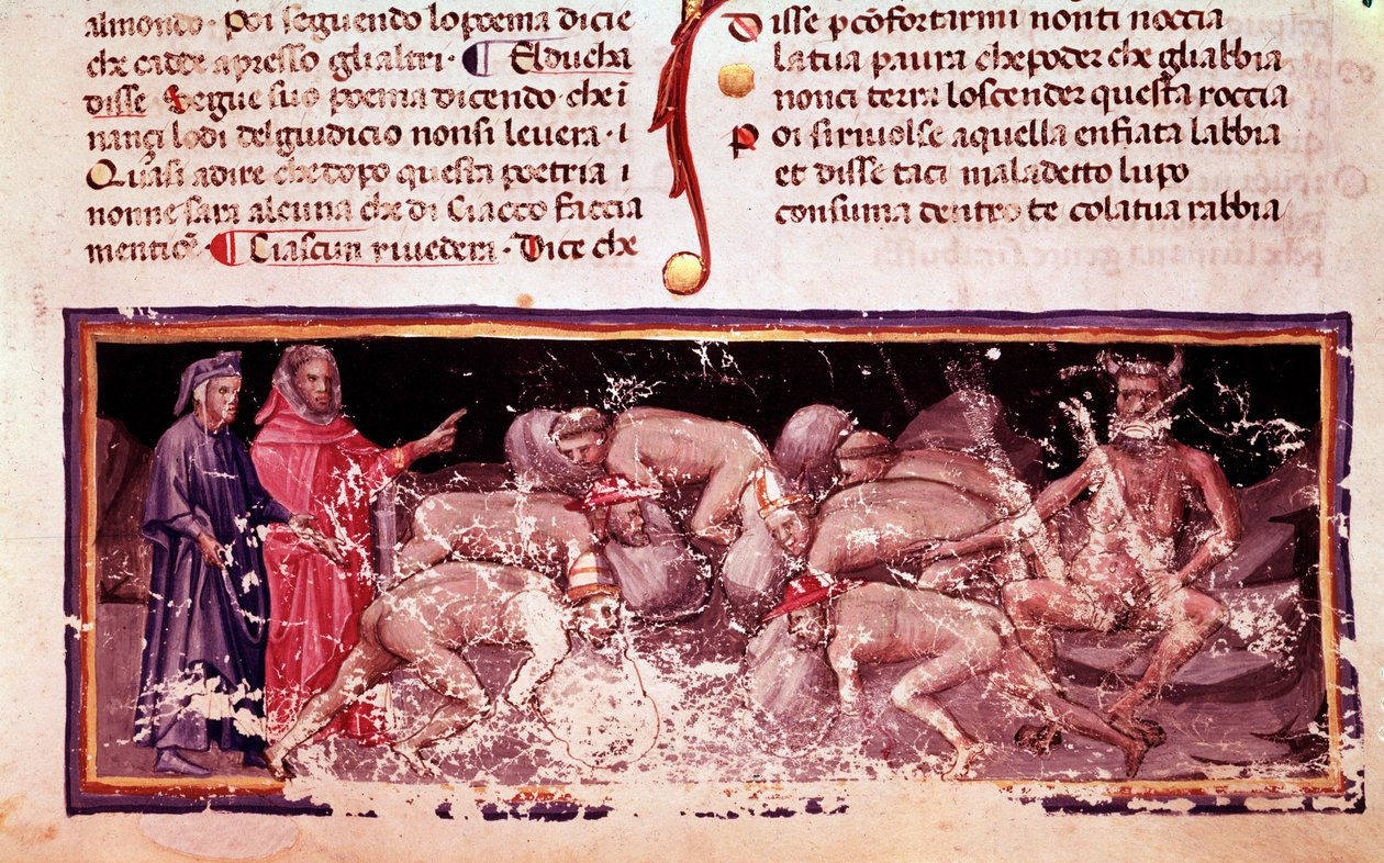 Dante og Virgil med de grådige og sløseri (sang 7 fra Helvede, i den guddommelige komedie) - miniature af Unknown artist