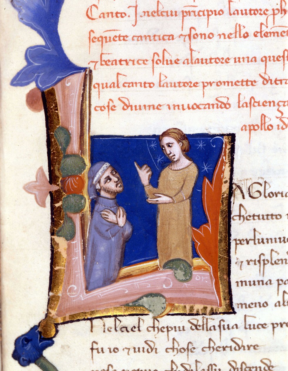 Dante mødt af Bèatrice ved indgangen til Paradiset. (lettrine "" L ") 14. århundredes manuskript af Divina Commedia (guddommelig komedie) Milan Trivulziana bibliotek af Unknown artist