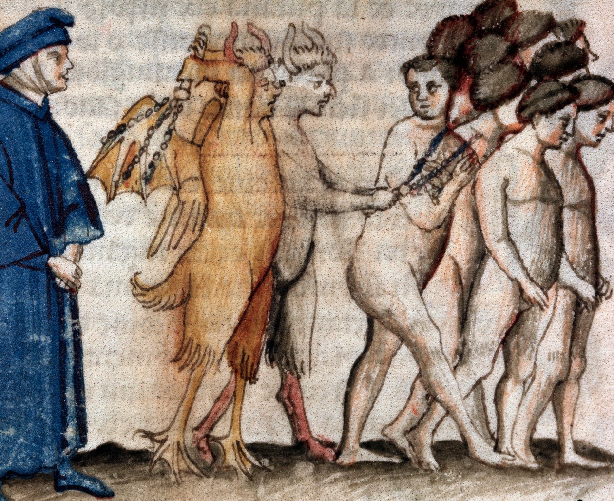 Dante møder Venedico Caccianemico i alfonsernes kreds (sang 18 fra Helvede, i den guddommelige komedie) - miniature 1400-tallet af Unknown artist