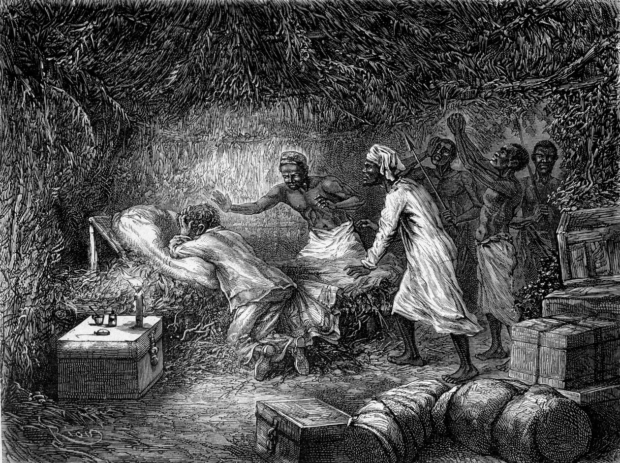 David Livingstone døde af dysenteri i landsbyen Tchitammbo i 1873 - "" Livingstones sidste rejse 1866-1873"" i "" Tour du Monde"", 2. sem. 1875 af Unknown artist