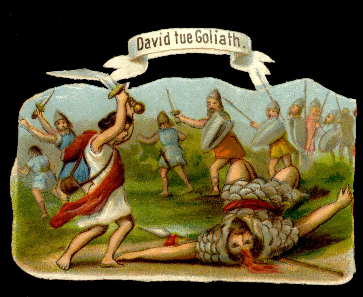 David og Goliat: David dræber Goliat med sin næve. 1800-tallets kromolitografi. af Unknown artist
