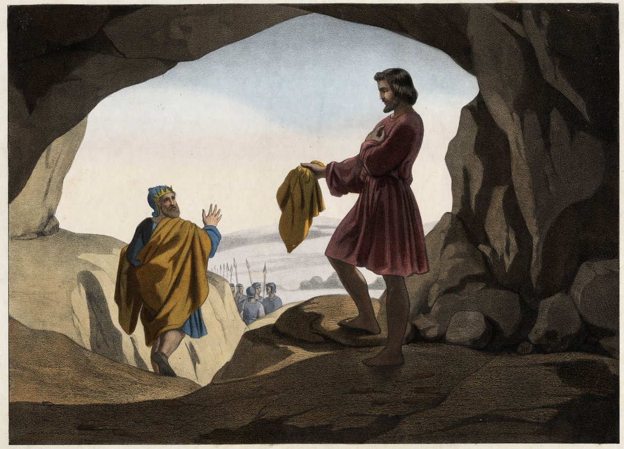 David viste Saul stykket af sin kappe: David nægtede at dræbe kong Saul, som blev overgivet af Gud til hulen, og skar kun et stykke af hans kappe. Anonym stik fra midten af 1800-tallet. af Unknown artist