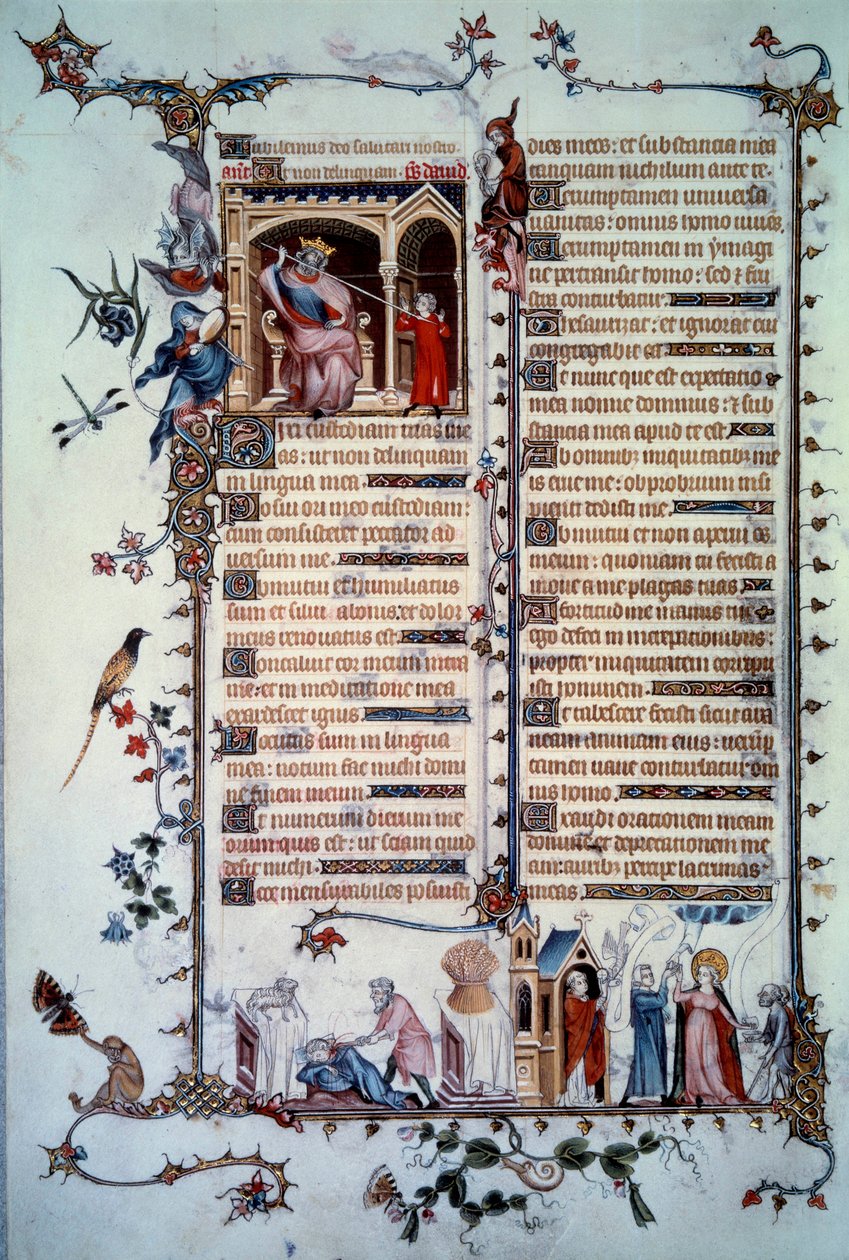David truer med Saul. Allegori om grådighed. Nadverens sakramente. Allegori om velgørenhed. Miniature taget fra salmen "Breviaire de Belleville"" af Unknown artist