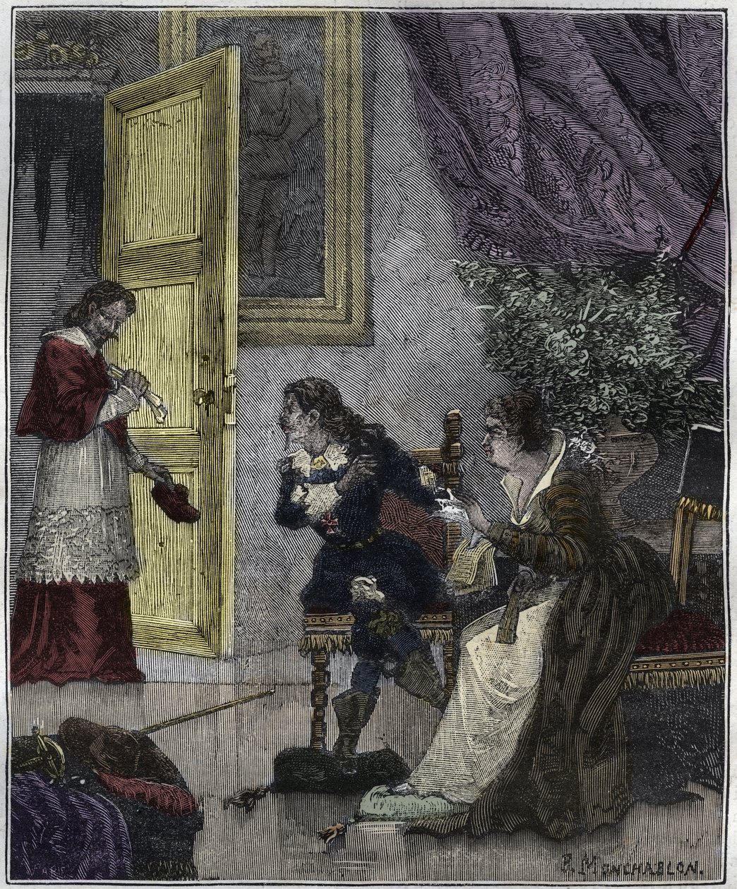 Dupes dag - Journee des Dupes 1630- På det tidspunkt, hvor Marie de Medicis forsvarede sin sag, trådte kardinal Richelieu ind - illustration i "Paris gennem århundredet" af Knee-Lac af Unknown artist