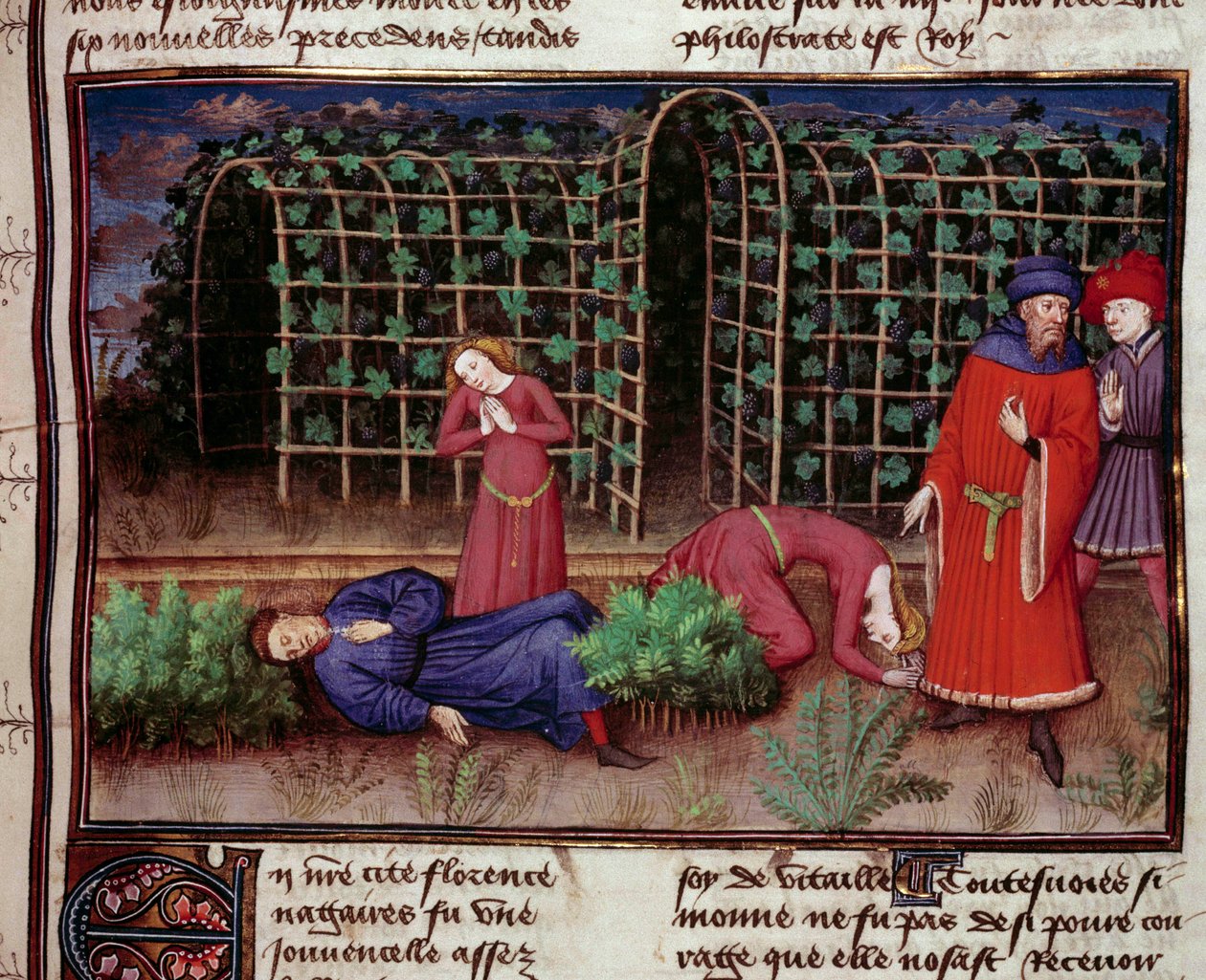 Død To mennesker dræbt af døden. Miniature fra "" Le Decameron"" af Jean Boccace (Giovanni Boccaccio) (1313-1375) 1450 Paris, Arsenals bibliotek af Unknown artist