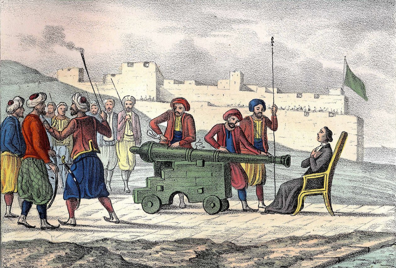 Død i Algier i 1683 af far LE VACHER (Jean Levacher), en fransk missionær under bombningen af ​​Algier af Duquesne. I "" Det gamle og moderne Algeriet"" af Leon Galibert. Italiensk udgave i 1846 farve. af Unknown artist