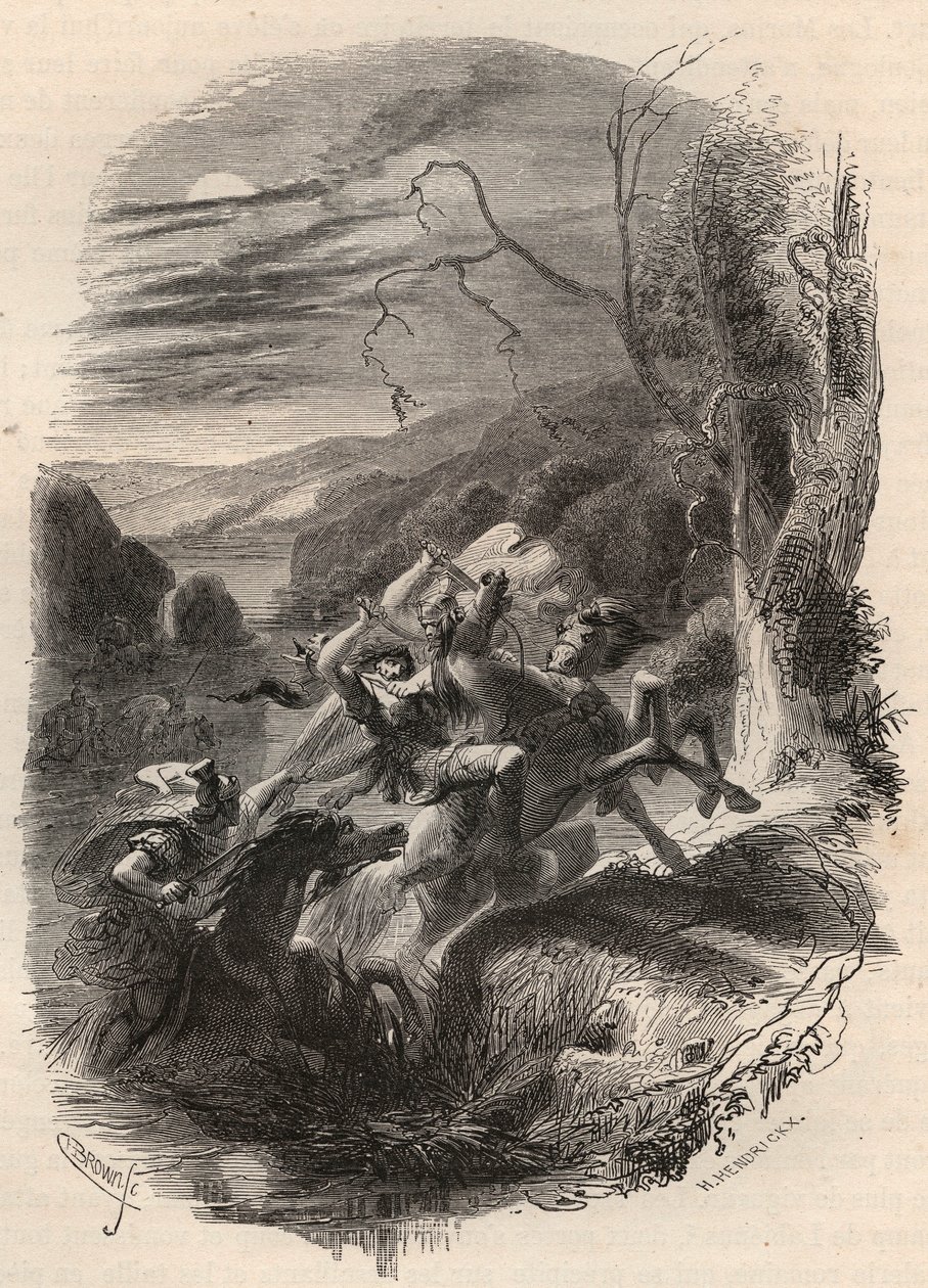 Indutiomarus (Induziomaro) leder af Trevires død, dræbt af den romerske hær i 53 f.Kr. Indgravering fra 1868 i "Histoire de Belgique fra primitiv tid til slutningen af Leopold I